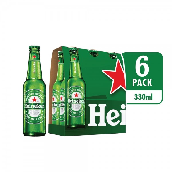 Heineken Original Pure Malt Lager Beer Bottle 6 Pack 330ml
